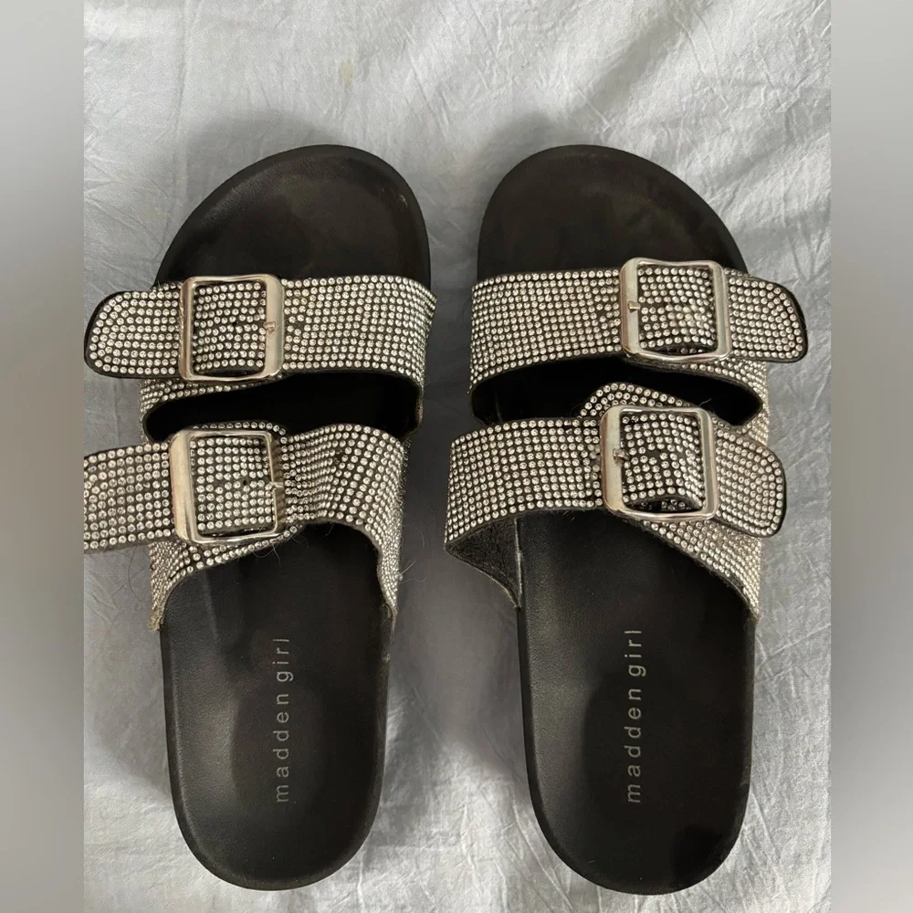 Madden Girl Black Slide Sandals with Silver Rhinestone Buckles